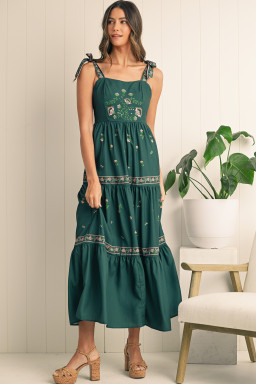 Blackish Green Boho Floral Print Sleeveless Dress
