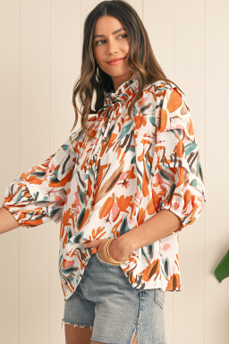 Yellow Abstract Print Drawstring Frill V Neck 3/4 Sleeve Blouse