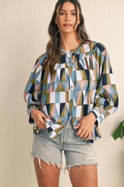 Green Geometric Print Button Balloon Sleeve Loose Fit Shirt