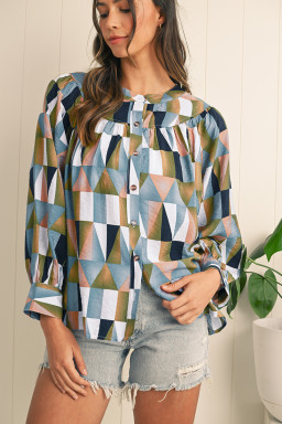 Green Geometric Print Button Balloon Sleeve Loose Fit Shirt
