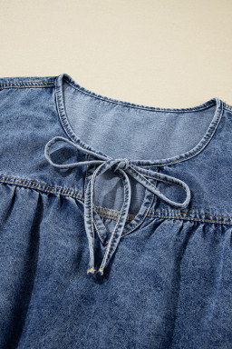 Sail Blue Plus Size Tie V Neck Puff Sleeve Denim Blouse