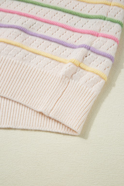 Oatmeal Colorful Striped Eyelet Knit Ruffle Top