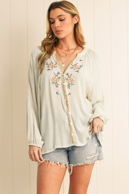 Beige Floral Embroidered Crinkle Puff Sleeve Loose Blouse