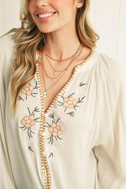 Beige Floral Embroidered Crinkle Puff Sleeve Loose Blouse
