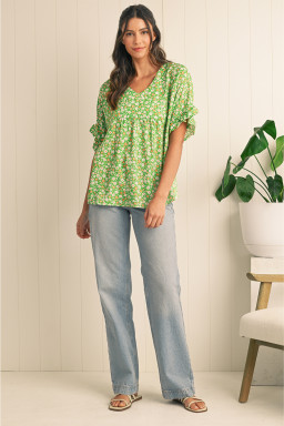 Green Floral Print Ruffle Sleeve V Neck Pleated Blouse