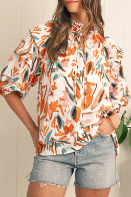 Yellow Abstract Print Drawstring Frill V Neck 3/4 Sleeve Blouse