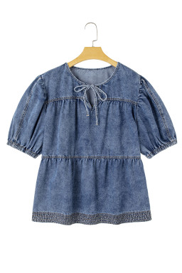 Sail Blue Plus Size Tie V Neck Puff Sleeve Denim Blouse