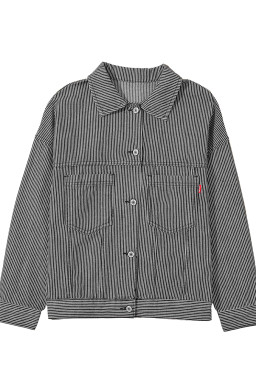 Blue Stripe Washed Oversized Pocketed Denim Jacket