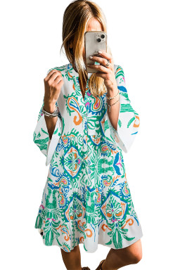 Green Ethnic Print Boho Tiered Mini Flowy Dress
