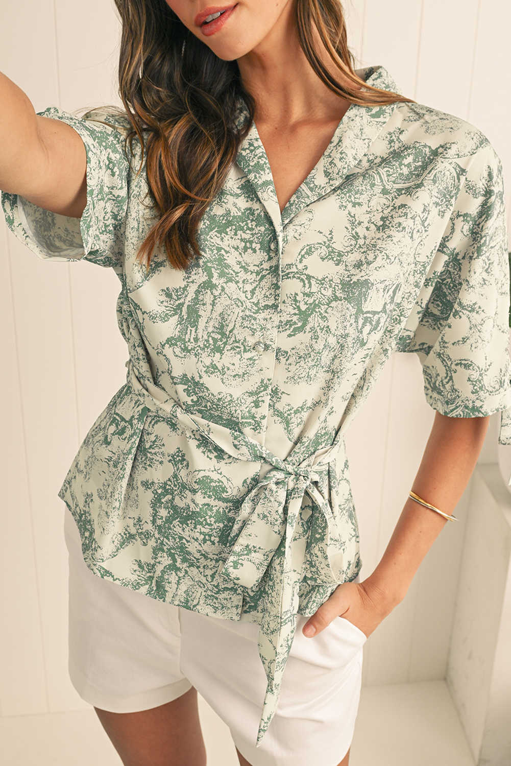 Green Boho Abstract V-Neck Button Shirt