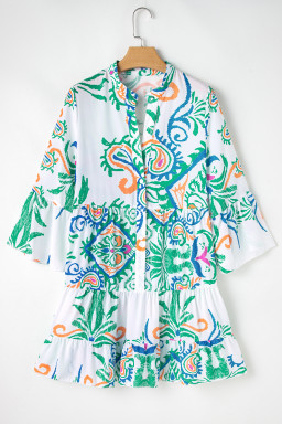 Green Ethnic Print Boho Tiered Mini Flowy Dress