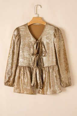 Gold Solid Color Bowknot Front Puff Sleeve Blouse