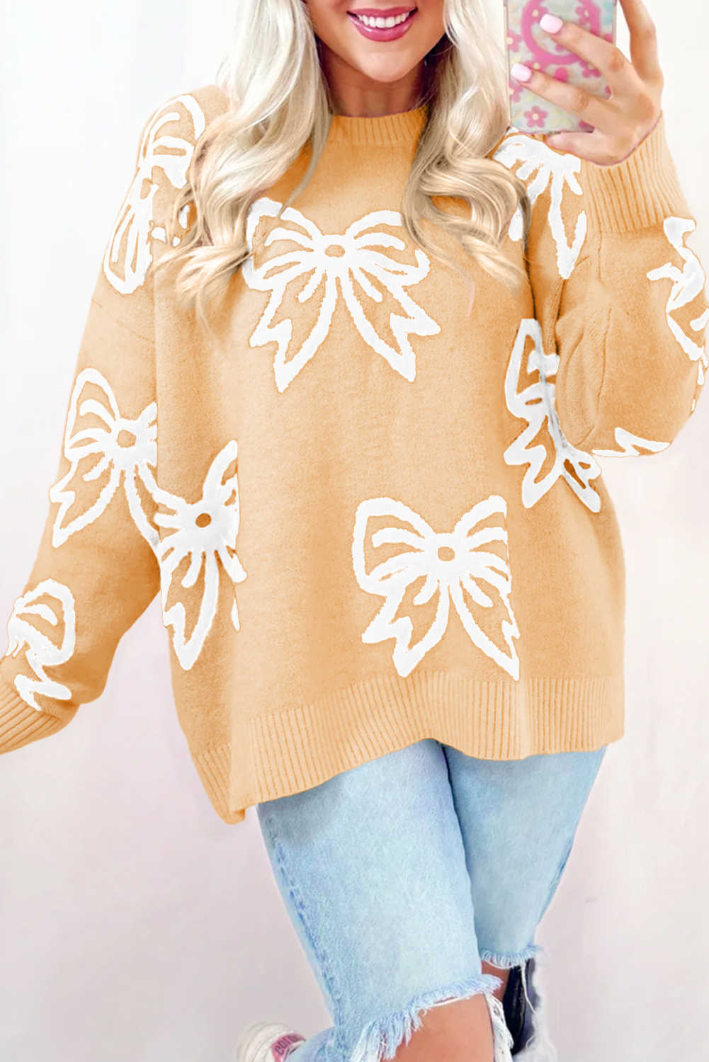 Golden Fleece Bow Pattern Drop Sleeve Loose Sweater