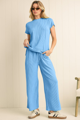 Blue Solid Corded Short Sleeve T Shirt and Wide Leg Pants Set