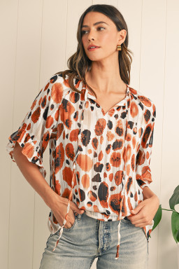 Brown Abstract Print Ruffle 3/4 Sleeve Tie Neck Blouse