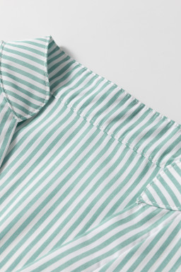 Green Stripe V Neck Pocket Roll-Up Sleeve Shirt