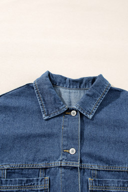 Dark Blue Washed Oversized Pocketed Denim Jacket