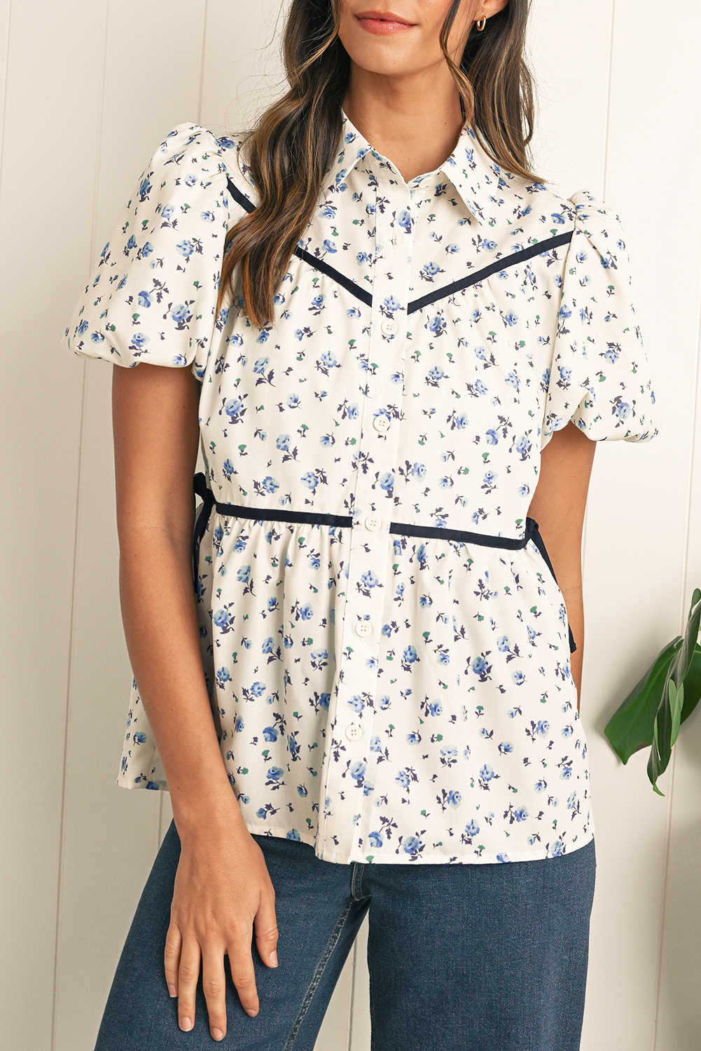 White Boho Ditsy Floral Puff Sleeve Pleated Shirt