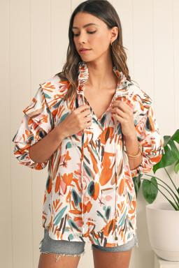 Yellow Abstract Print Drawstring Frill V Neck 3/4 Sleeve Blouse