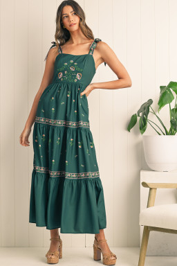 Blackish Green Boho Floral Print Sleeveless Dress