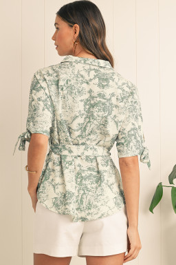 Green Boho Abstract V-Neck Button Shirt