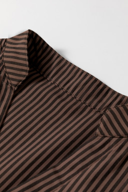 Brown Stripe V Neck Pocket Roll Up Sleeve Shirt