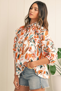 Yellow Abstract Print Drawstring Frill V Neck 3/4 Sleeve Blouse