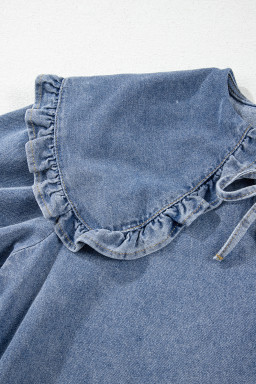 Dusk Blue Ruffle Collar Side Pockets Puff Sleeve Denim Mini Dress