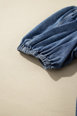 Sail Blue Plus Size Tie V Neck Puff Sleeve Denim Blouse