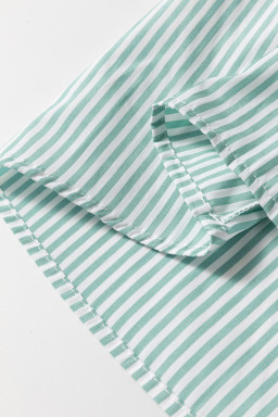 Green Stripe V Neck Pocket Roll-Up Sleeve Shirt