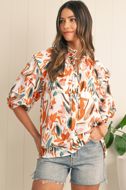 Yellow Abstract Print Drawstring Frill V Neck 3/4 Sleeve Blouse