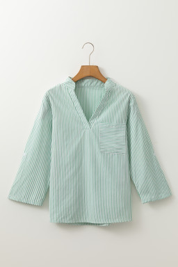 Green Stripe V Neck Pocket Roll-Up Sleeve Shirt