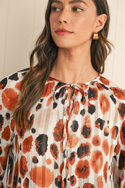 Brown Abstract Print Ruffle 3/4 Sleeve Tie Neck Blouse