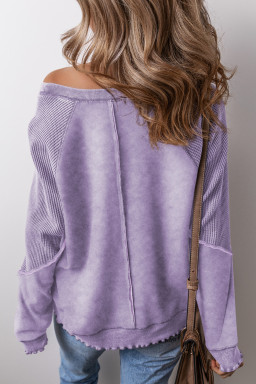 Orchid Petal Waffle Patchwork Raglan Sleeve Exposed Seam Sweatshirt