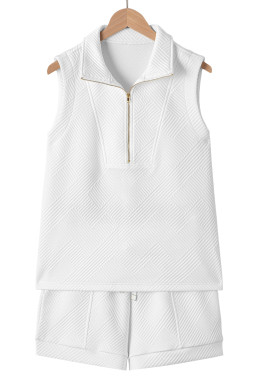 White Textured Half Zip Tank Top Drawstring Shorts Set