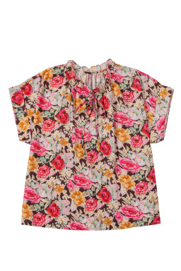Pink Floral Print Short Sleeve Boho Blouse