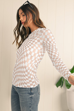 Khaki Checkered Pattern Mesh Long Sleeve Top