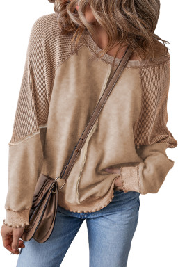 Light French Beige Patchwork Raglan Sleeve Exposed Seam Sweatshirt