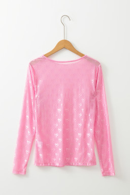 Pink Bow Pattern Long Sleeve Slim Fit Mesh Top