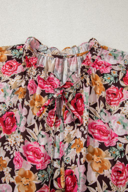 Pink Floral Print Short Sleeve Boho Blouse