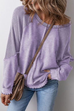 Orchid Petal Waffle Patchwork Raglan Sleeve Exposed Seam Sweatshirt