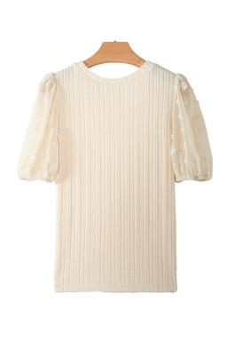 Apricot Swiss Dot Mesh Puff Sleeve Textured Top