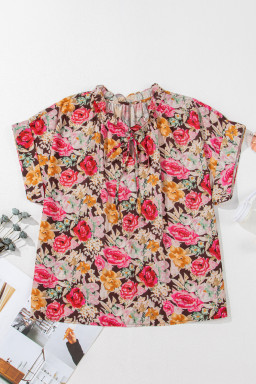 Pink Floral Print Short Sleeve Boho Blouse