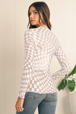 Khaki Checkered Pattern Mesh Long Sleeve Top