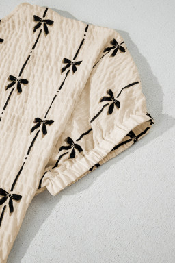 Beige Bow Print Striped Puff Short Sleeve Blouse
