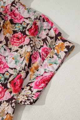 Pink Floral Print Short Sleeve Boho Blouse