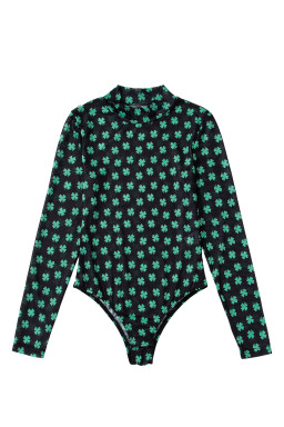 Green St Patrick Shamrock Printed Long Sleeve Mesh Bodysuit