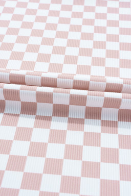 Pink Checkered Ribbed Slim Fit Crew Neck T-Shirt