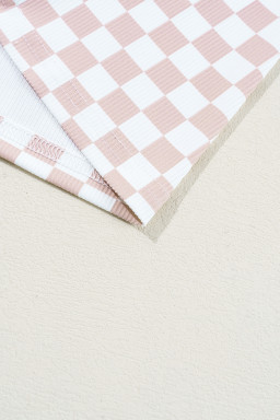 Pink Checkered Ribbed Slim Fit Crew Neck T-Shirt