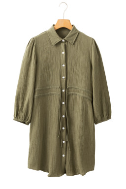 Jungle Green Textured Bracelet Sleeve Button Up Mini Dress